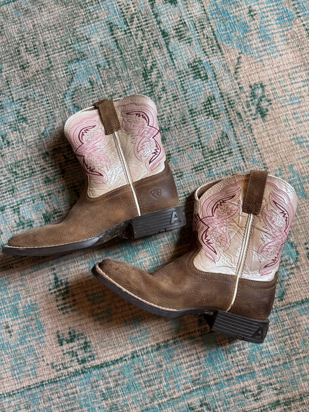 Ariat Brown and Cream Kids Cowboy Boots with Pink Stitching